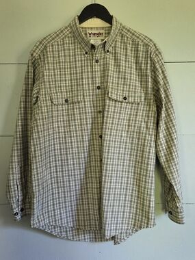 Wrangler Rugged Wear Men's Plaid Cotton Button-Up Shirt L Beige Green